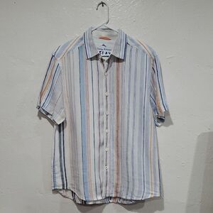 Tommy Bahama 100% Linen Men's Striped Shirt - Blue, White & Orange Size M